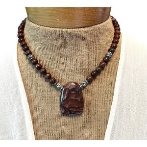 beaded red picture jasper pendant necklace natural stone beach boho earth tones